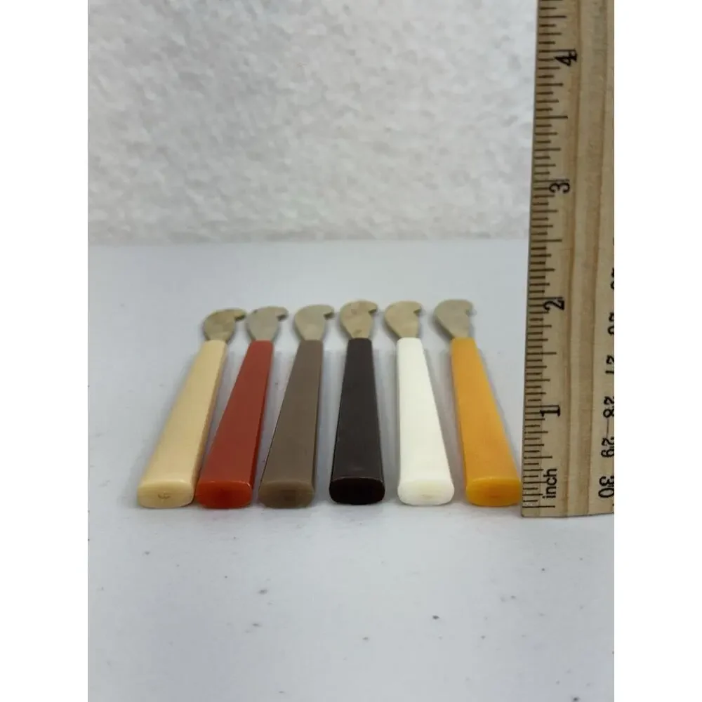 6 MCM Lucite Utensil Cheese Spreaders Bakelite Handles Gold Tone Stainless Steel